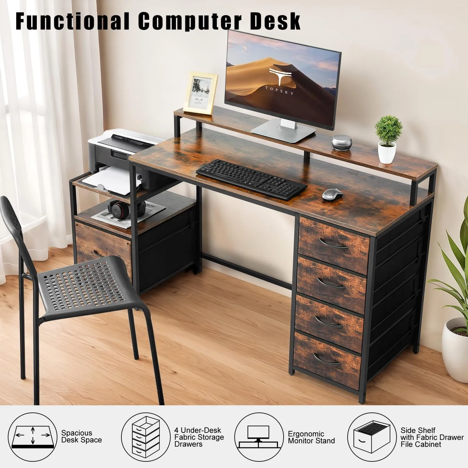TOPSKY Computer Desk with Storage Shelf/Cloth File Drawer for Letter Size/Monitor Stand Study Table for Home Office (Rustic Brown, 62.4 inch)