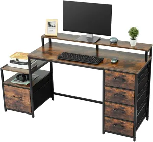 TOPSKY Computer Desk with Storage Shelf/Cloth File Drawer for Letter Size/Monitor Stand Study Table for Home Office (Rustic Brown, 62.4 inch)