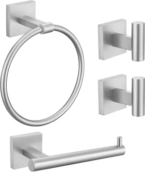 Towel Ring Set 4 Piece Bathroom Hardware Set Includes Towel Ring 2 Towel Hooks and Toilet Paper Holder Stainless Steel Wall Mounted (Brushed Nickel)