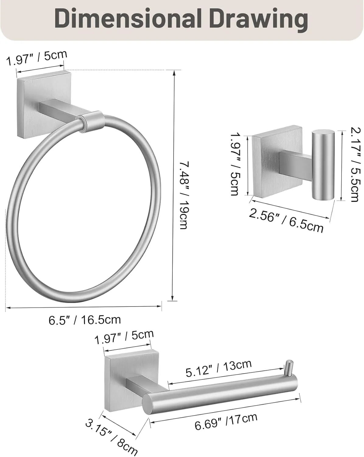 Towel Ring Set 4 Piece Bathroom Hardware Set Includes Towel Ring 2 Towel Hooks and Toilet Paper Holder Stainless Steel Wall Mounted (Brushed Nickel)