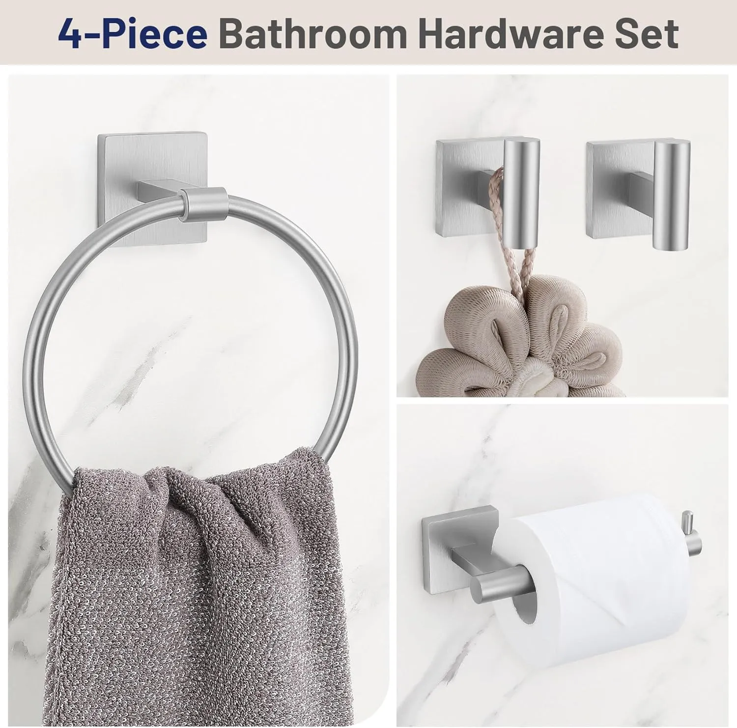 Towel Ring Set 4 Piece Bathroom Hardware Set Includes Towel Ring 2 Towel Hooks and Toilet Paper Holder Stainless Steel Wall Mounted (Brushed Nickel)