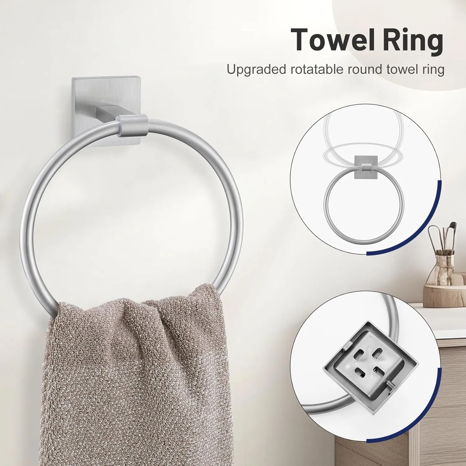 Towel Ring Set 4 Piece Bathroom Hardware Set Includes Towel Ring 2 Towel Hooks and Toilet Paper Holder Stainless Steel Wall Mounted (Brushed Nickel)