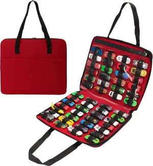 Toy Car Organizer Carrying Case Compatible with Matchbox Cars, Portable Carrying Container Carrier Holder Fit for 52 Toy Car Storage (Toy Cars Not Included) (52 Slots Red)