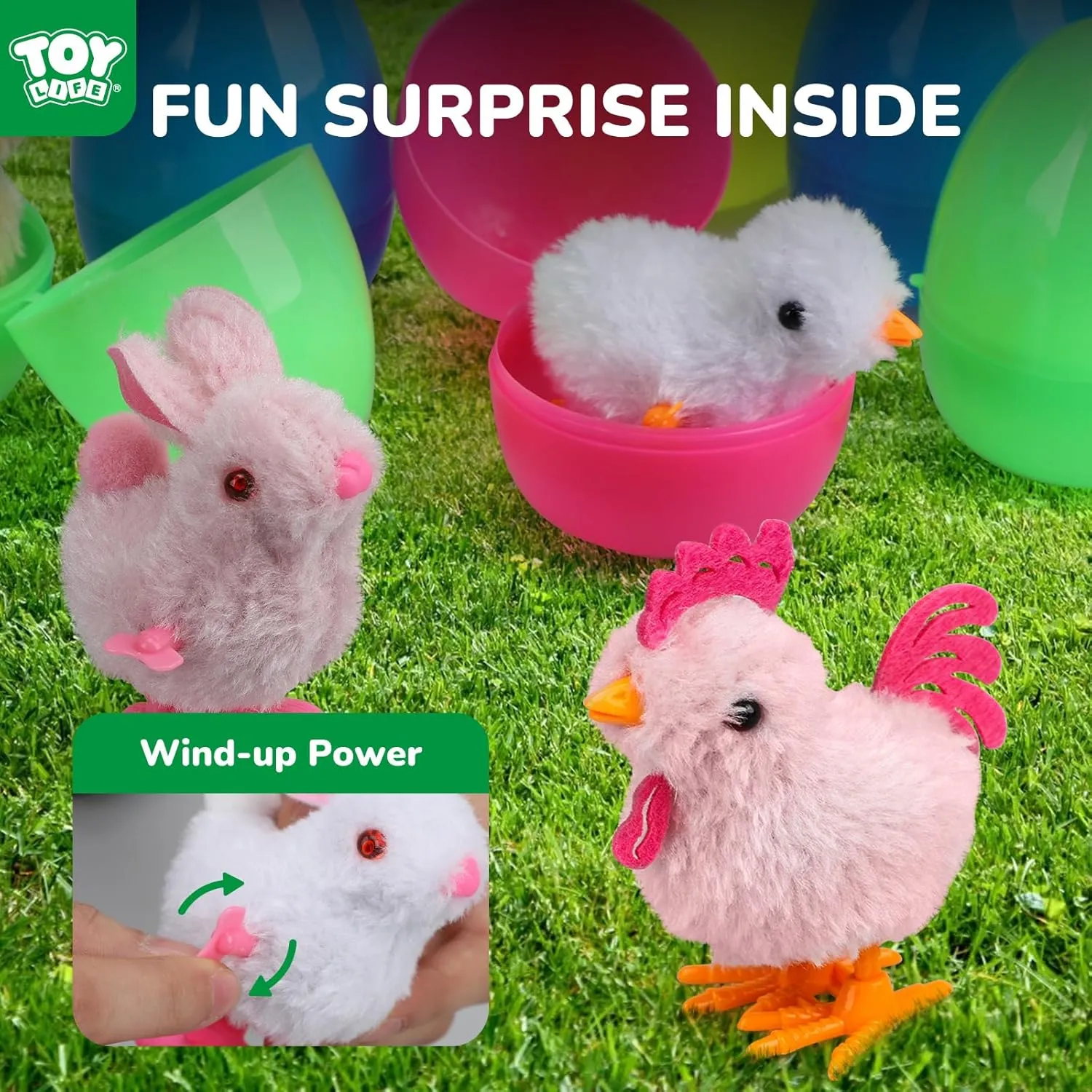 TOY Life Easter Eggs 12 Packs Filled with Wind Up Chicks and Plush Bunnies, Plastic Easter Eggs Toys Inside, Easter Filler with Wind Up Toys, Eggs for Egg Hunts, Easter Basket Stuffers for Kid Toddler