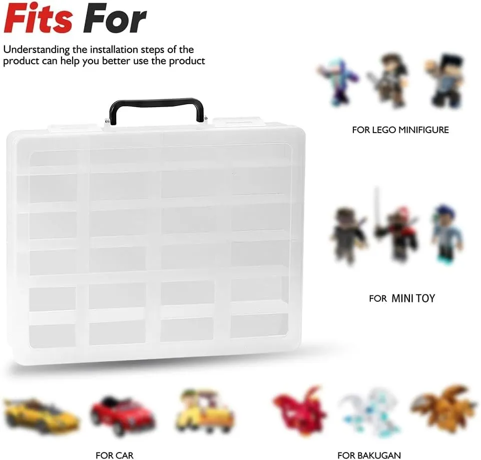 Toy Storage Organizer Case for Hot Wheels Car, for Matchbox Cars, for Mini Toys, for Small Dolls. Carrying Box Container Carrier with 24 Compartments (Box Only) (Transparent)