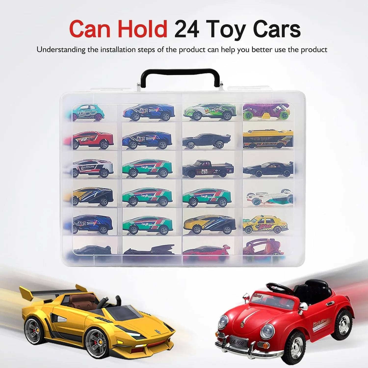 Toy Storage Organizer Case for Hot Wheels Car, for Matchbox Cars, for Mini Toys, for Small Dolls. Carrying Box Container Carrier with 24 Compartments (Box Only) (Transparent)