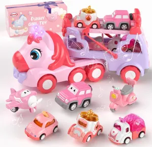 Toys for 1 2 3 Year Old Girl Truck, 7-in-1 Girl Carrier Truck Car with Light & Sound, Toddler Girl Car Toys Age 1-3 2-4, Cars for 1 2 3 Year Old Girls Birthday