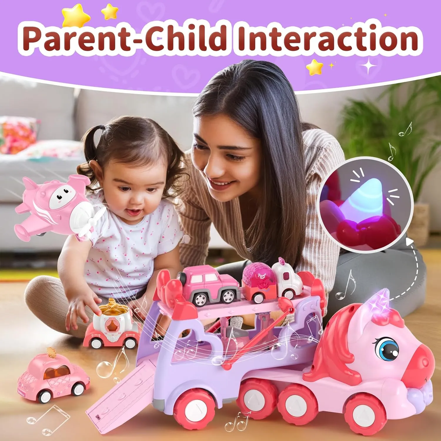 Toys for 1 2 3 Year Old Girl Truck, 7-in-1 Girl Carrier Truck Car with Light & Sound, Toddler Girl Car Toys Age 1-3 2-4, Cars for 1 2 3 Year Old Girls Birthday