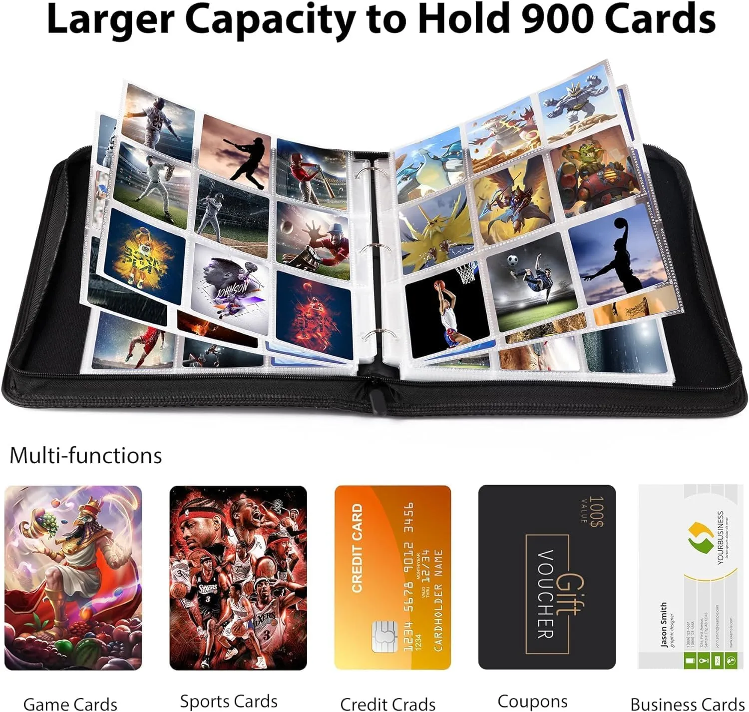 Trading Card Binder 9 Pocket,900 Pockets Card Binder for Pokemon Cards with Zipper,50 Sleeves Card Holder Compatible with Standard Card,Sport Card,Game Card-Gift for Boy and Girl (Yellow, 9-Pockets)
