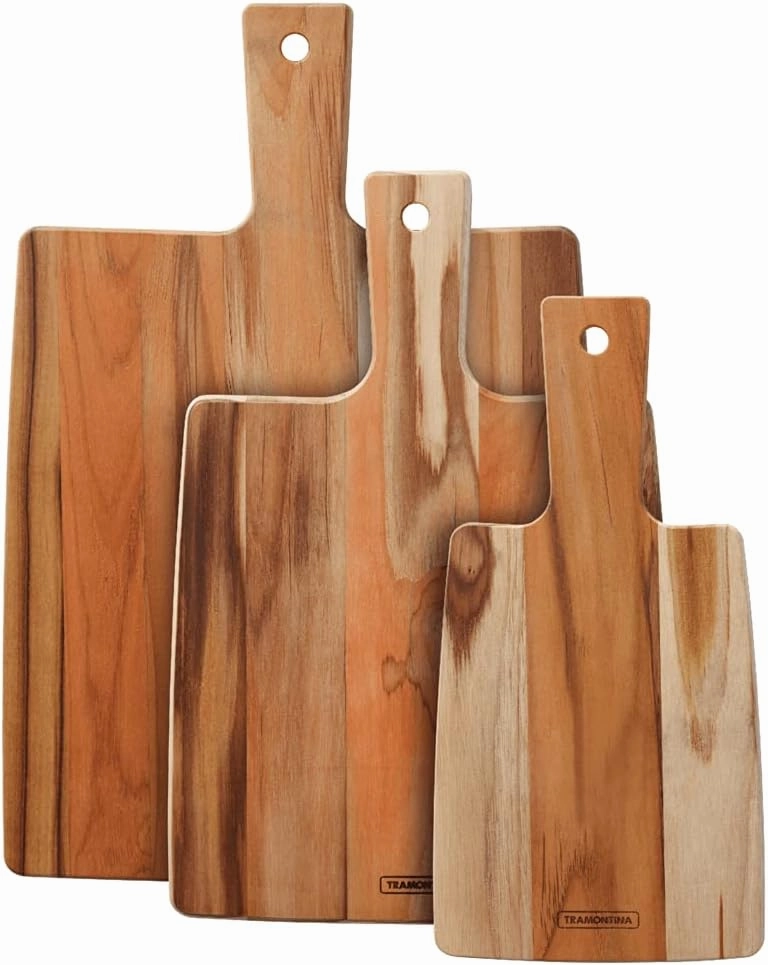 Tramontina 3 Pc Teak Wood "Cut & Taste" Kitchen Board Set with Handles, 81000/019DS