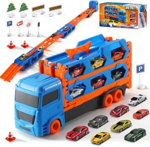 Transport Truck Toy Toddler Car Carrier for Boys Girls, 9 in 1 Race Track and Die-Cast Truck Baby Race Car Toy Vehicles for 3   Year Old Kids