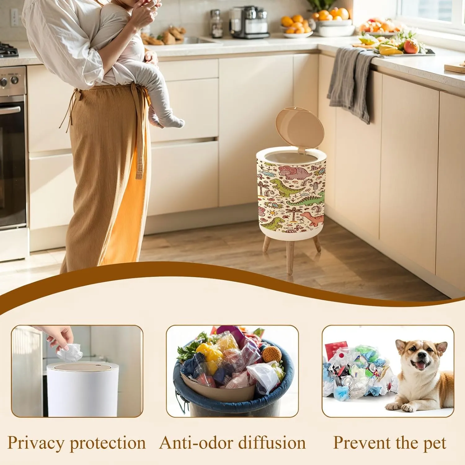 Trash Can with Lid Extinct animals Prehistoric Reptiles Cute Cartoon Dinosaur Seamless Garbage Can Round Waste Bin Press Cover Dog Proof Wastebasket for Bathroom Kitchen Living Room Office 1.8 Gal