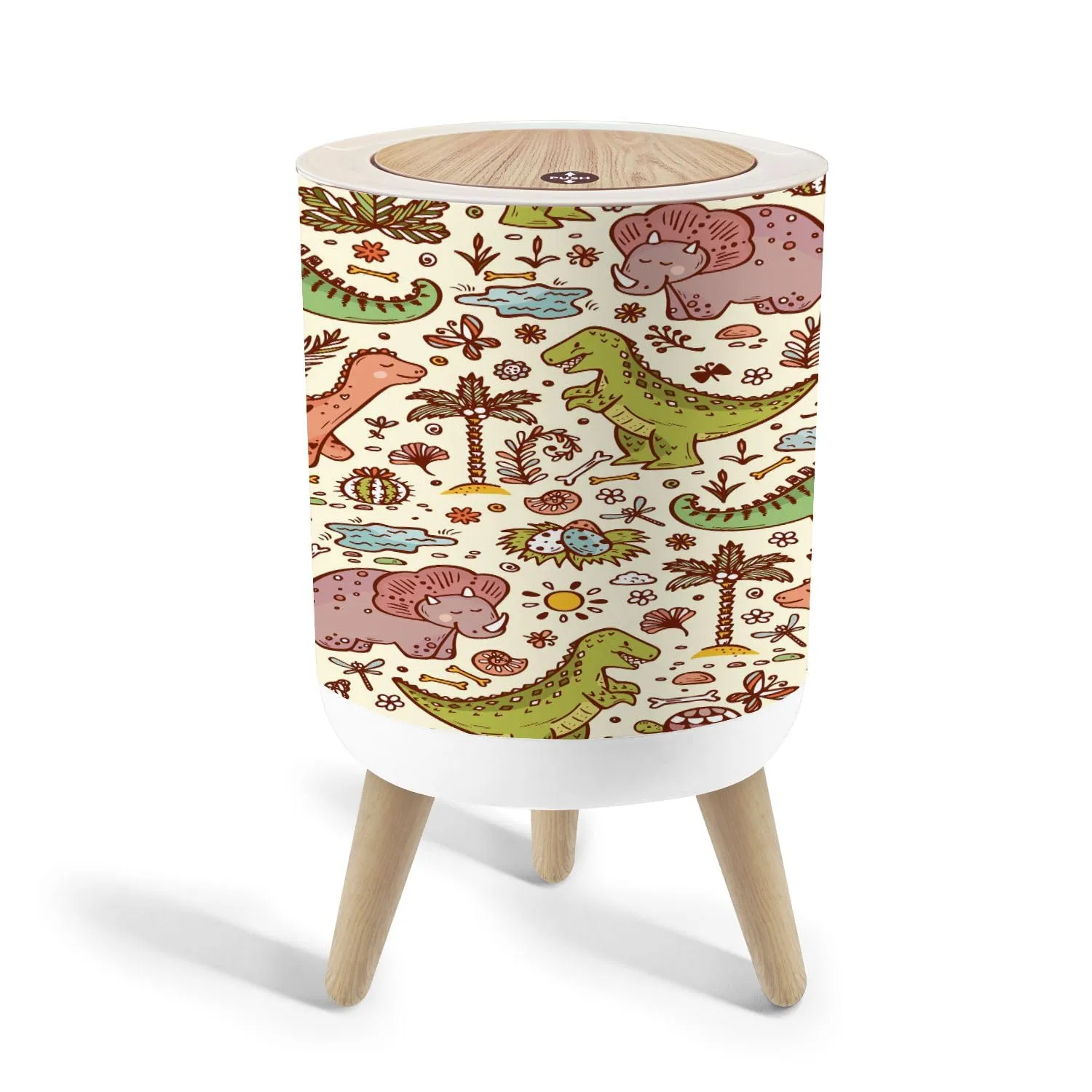 Trash Can with Lid Extinct animals Prehistoric Reptiles Cute Cartoon Dinosaur Seamless Garbage Can Round Waste Bin Press Cover Dog Proof Wastebasket for Bathroom Kitchen Living Room Office 1.8 Gal