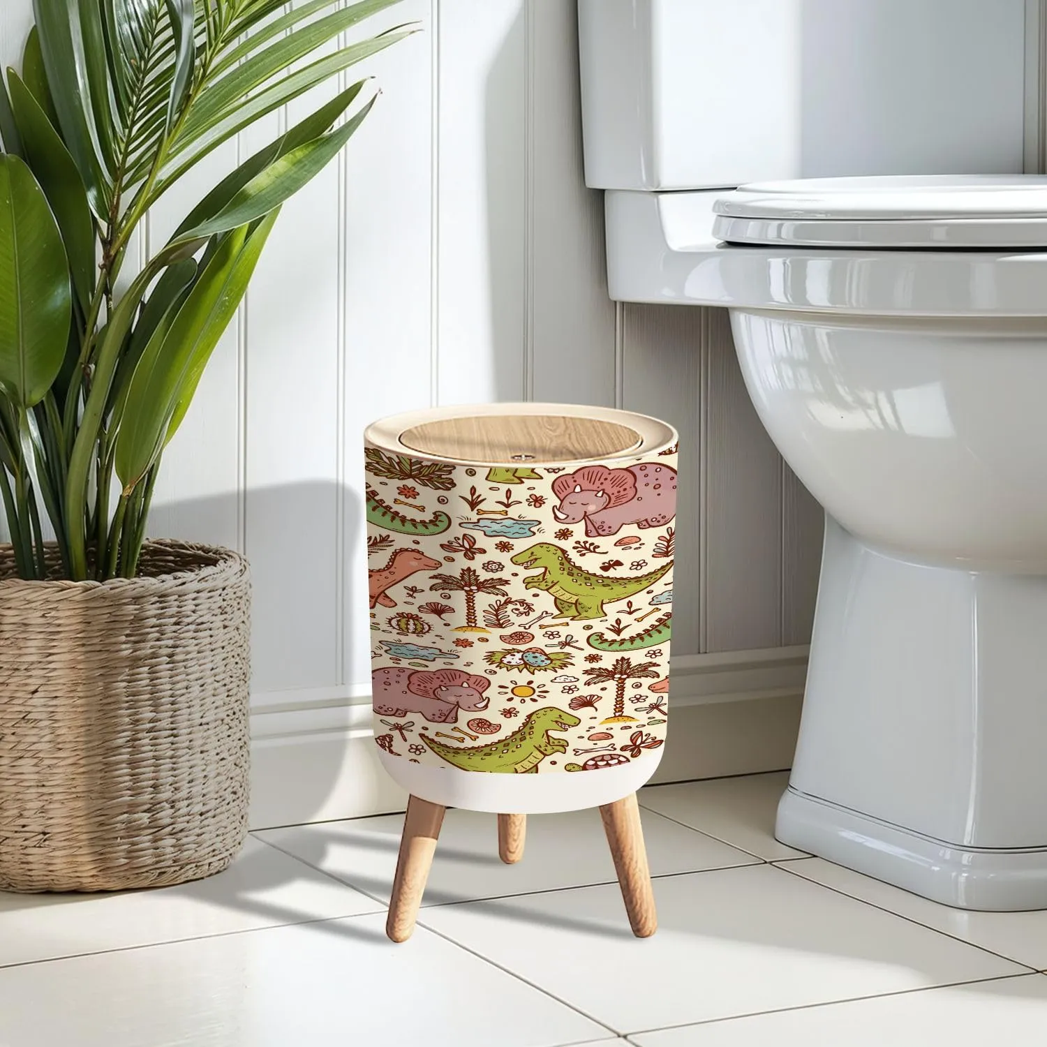 Trash Can with Lid Extinct animals Prehistoric Reptiles Cute Cartoon Dinosaur Seamless Garbage Can Round Waste Bin Press Cover Dog Proof Wastebasket for Bathroom Kitchen Living Room Office 1.8 Gal
