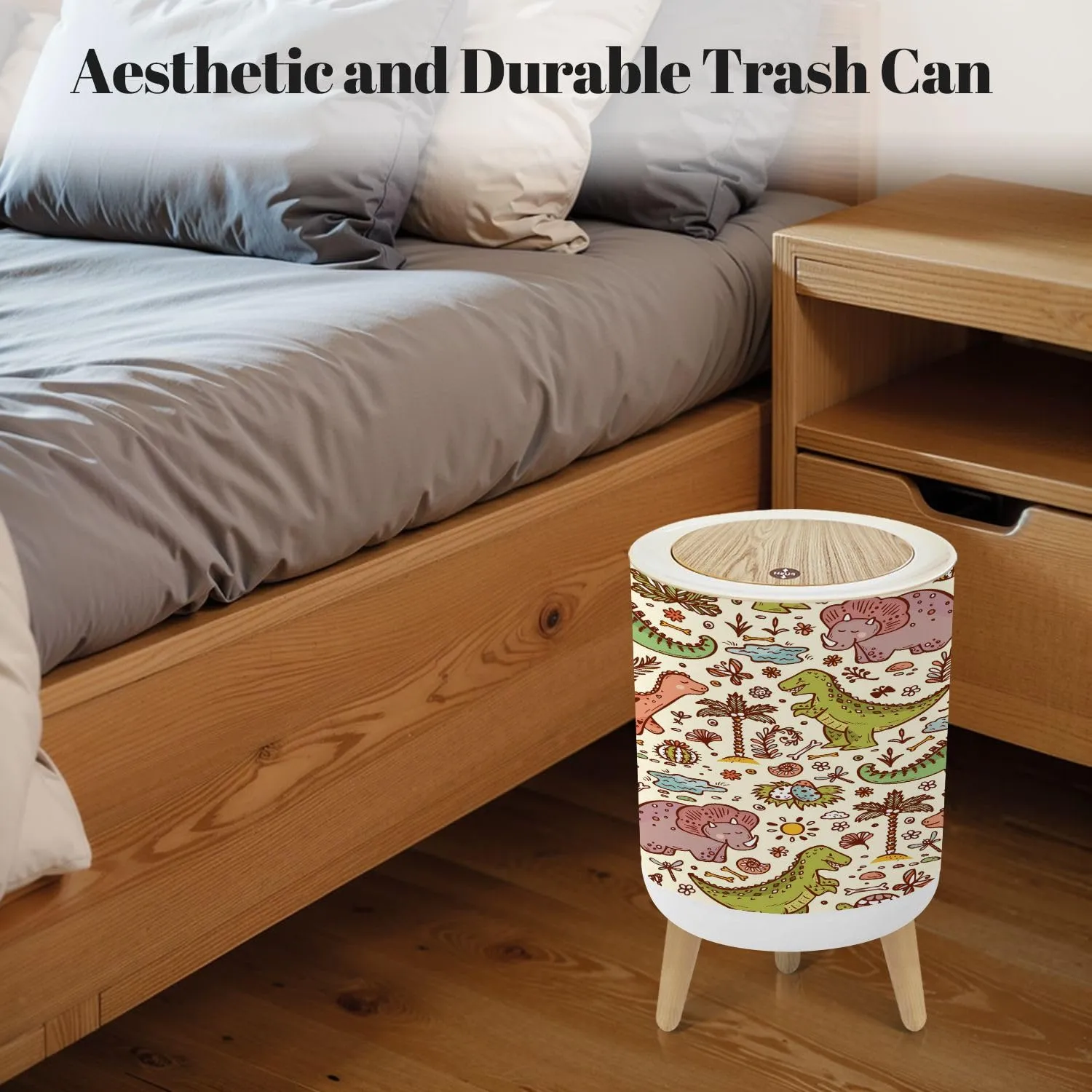 Trash Can with Lid Extinct animals Prehistoric Reptiles Cute Cartoon Dinosaur Seamless Garbage Can Round Waste Bin Press Cover Dog Proof Wastebasket for Bathroom Kitchen Living Room Office 1.8 Gal