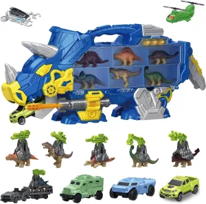 Triceratops Dinosaur Toys with 6 Mini Dinosaurs & Removable Accessories, 5 Car Toys, Portable Carry Handle, Visible Storage, Transport Carrier Truck Educational Toy for Kids Ages 3 , Blue