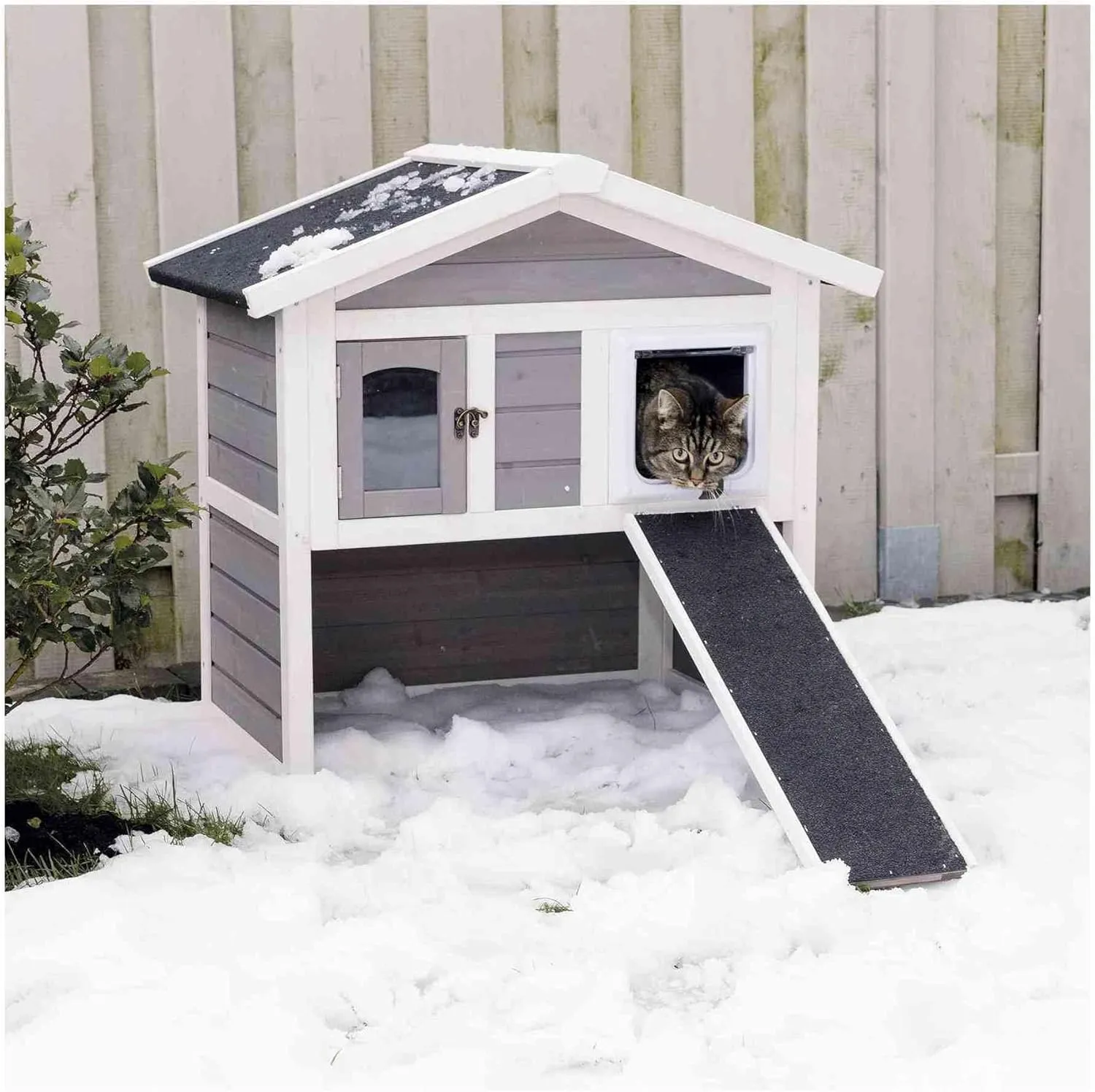 TRIXIE Insulated Outdoor Cat House, Weatherproof 2-Story Cat Home with a Ramp, 2 Covered Openings, Spacious Outdoor Shelter to Rest and Play with, Pewter & White Fir Wood