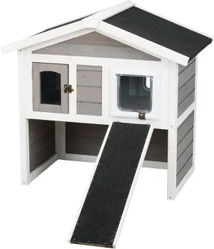 TRIXIE Insulated Outdoor Cat House, Weatherproof 2-Story Cat Home with a Ramp, 2 Covered Openings, Spacious Outdoor Shelter to Rest and Play with, Pewter & White Fir Wood