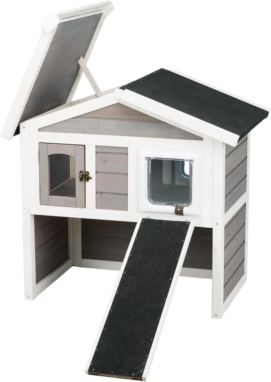 TRIXIE Insulated Outdoor Cat House, Weatherproof 2-Story Cat Home with a Ramp, 2 Covered Openings, Spacious Outdoor Shelter to Rest and Play with, Pewter & White Fir Wood