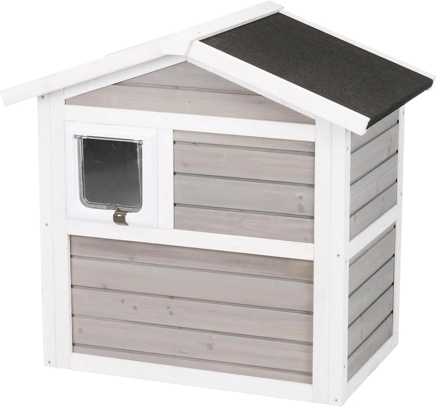 TRIXIE Insulated Outdoor Cat House, Weatherproof 2-Story Cat Home with a Ramp, 2 Covered Openings, Spacious Outdoor Shelter to Rest and Play with, Pewter & White Fir Wood