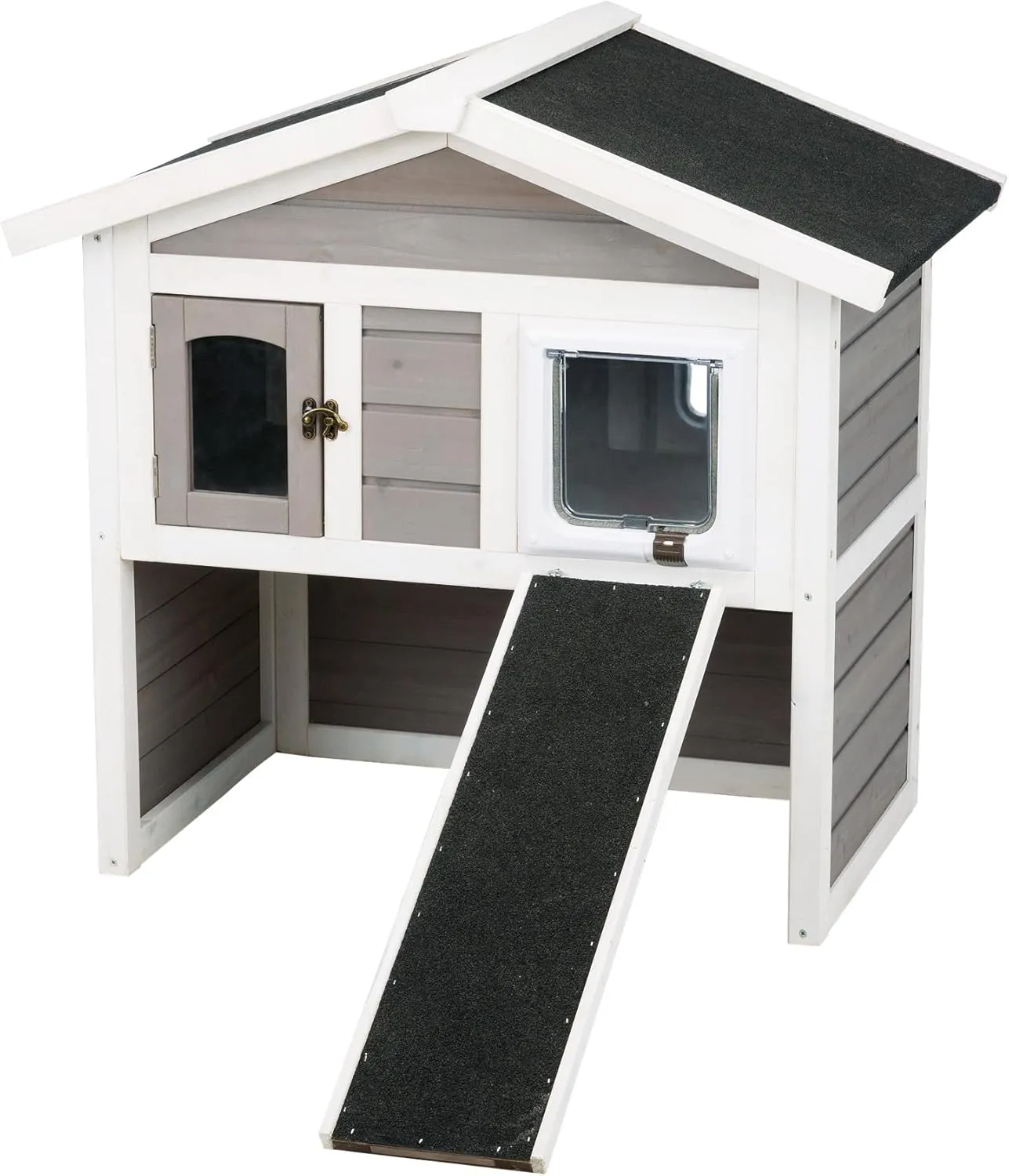 TRIXIE Insulated Outdoor Cat House, Weatherproof 2-Story Cat Home with a Ramp, 2 Covered Openings, Spacious Outdoor Shelter to Rest and Play with, Pewter & White Fir Wood