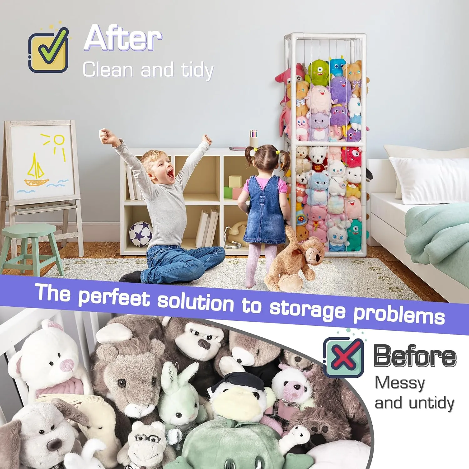 Trycooling Stuffed Animal Storage Zoo Stuffed Animal Holder Space Save Vertical Stuffed Animals Storage PVC with Elastic Band and Net for Playroom Bedroom Nursery (White 1)