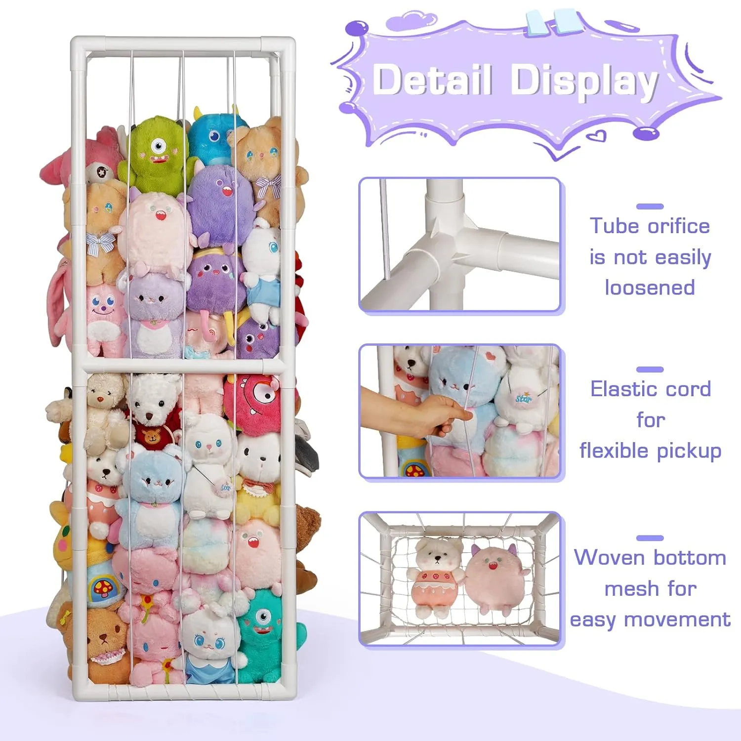 Trycooling Stuffed Animal Storage Zoo Stuffed Animal Holder Space Save Vertical Stuffed Animals Storage PVC with Elastic Band and Net for Playroom Bedroom Nursery (White 1)
