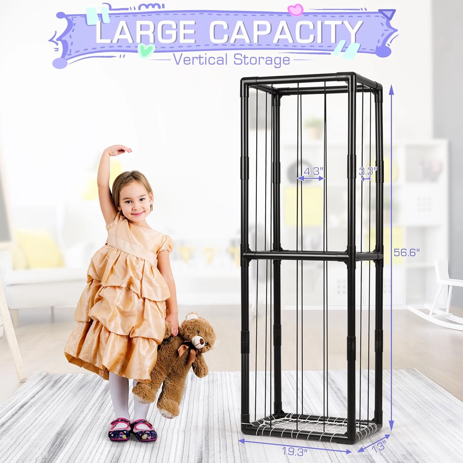 Trycooling Stuffed Animal Storage Zoo Stuffed Animal Holder Space Save Vertical Stuffed Animals Storage PVC with Elastic Band and Net for Playroom Bedroom Nursery (Black 1)
