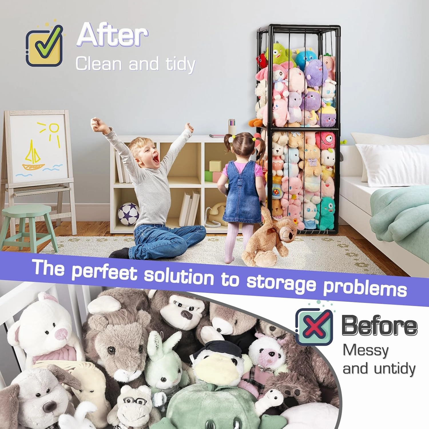Trycooling Stuffed Animal Storage Zoo Stuffed Animal Holder Space Save Vertical Stuffed Animals Storage PVC with Elastic Band and Net for Playroom Bedroom Nursery (Black 1)