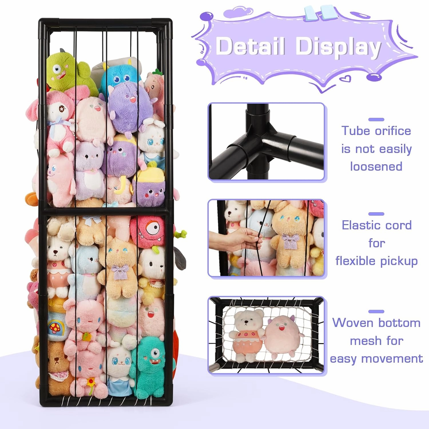 Trycooling Stuffed Animal Storage Zoo Stuffed Animal Holder Space Save Vertical Stuffed Animals Storage PVC with Elastic Band and Net for Playroom Bedroom Nursery (Black 1)