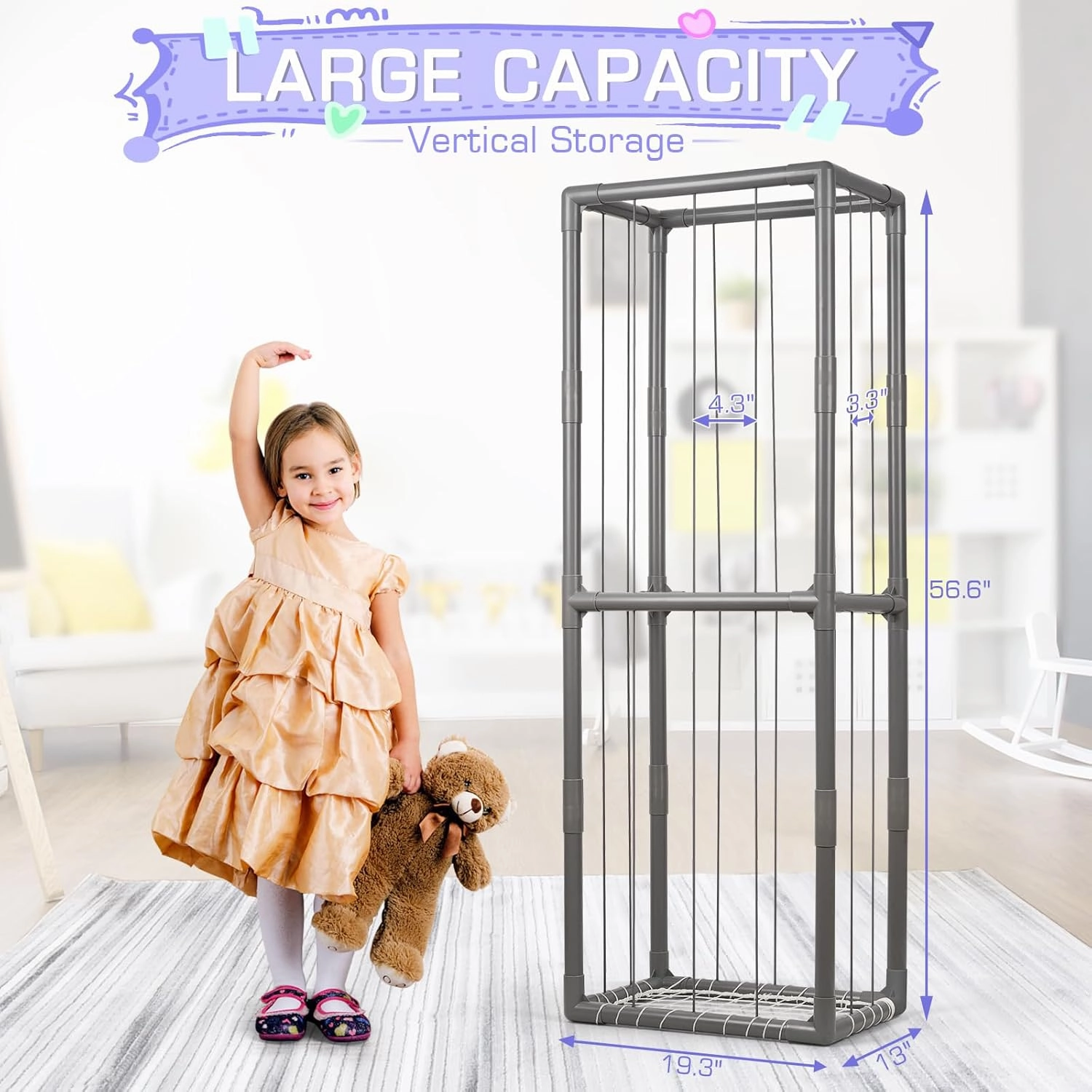 Trycooling Stuffed Animal Storage Zoo Stuffed Animal Holder Space Save Vertical Stuffed Animals Storage PVC with Elastic Band and Net for Playroom Bedroom Nursery (Grey 1)