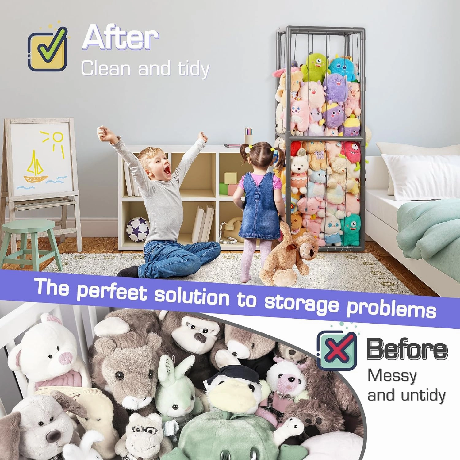Trycooling Stuffed Animal Storage Zoo Stuffed Animal Holder Space Save Vertical Stuffed Animals Storage PVC with Elastic Band and Net for Playroom Bedroom Nursery (Grey 1)