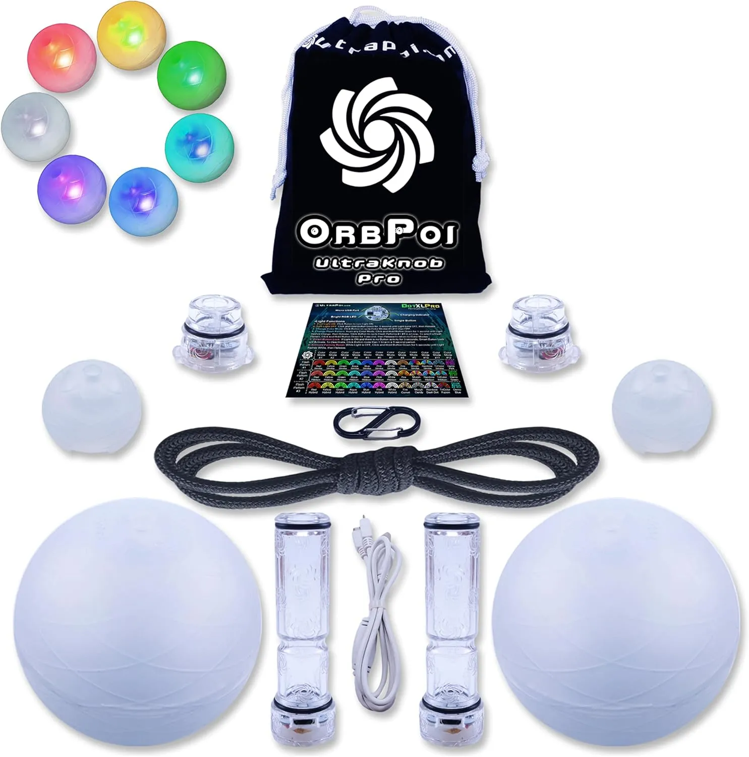 UltraPoi OrbPoi LED Poi Balls – USB Rechargeable Spinning Orb Flow w/ 30  Color Modes – Glow Poi Balls w/LED Knob Handles & Soft Cases – LED Visual Poi for Rave Parties Festivals & Flow Arts
