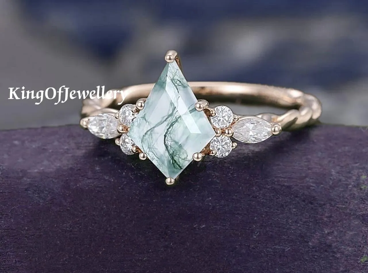 Unique Kite Shaped Natural Moss Agate Gemstone Engagement/Wedding Ring, Cz Dainty Ring, Anniversary Ring, Bridal Ring, Vintage Ring, Best Gift For Her, Sterling Silver Ring, Stacking Ring