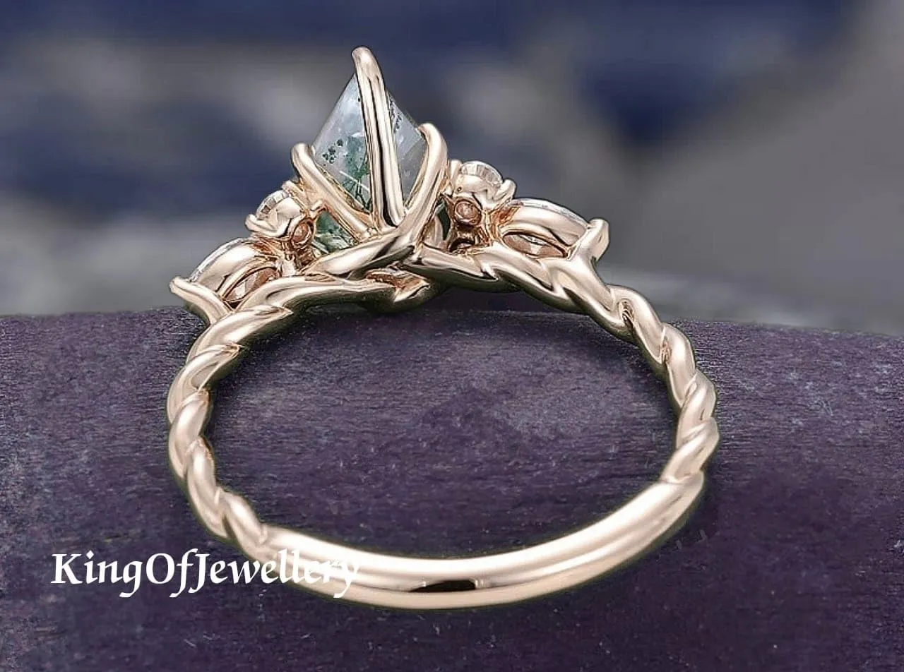 Unique Kite Shaped Natural Moss Agate Gemstone Engagement/Wedding Ring, Cz Dainty Ring, Anniversary Ring, Bridal Ring, Vintage Ring, Best Gift For Her, Sterling Silver Ring, Stacking Ring
