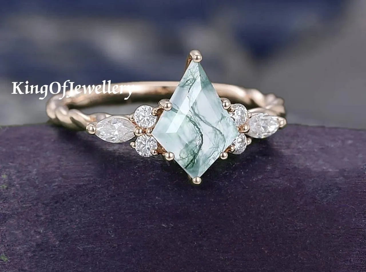 Unique Kite Shaped Natural Moss Agate Gemstone Engagement/Wedding Ring, Cz Dainty Ring, Anniversary Ring, Bridal Ring, Vintage Ring, Best Gift For Her, Sterling Silver Ring, Stacking Ring