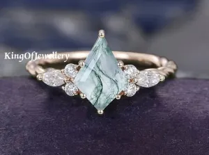 Unique Kite Shaped Natural Moss Agate Gemstone Engagement/Wedding Ring, Cz Dainty Ring, Anniversary Ring, Bridal Ring, Vintage Ring, Best Gift For Her, Sterling Silver Ring, Stacking Ring