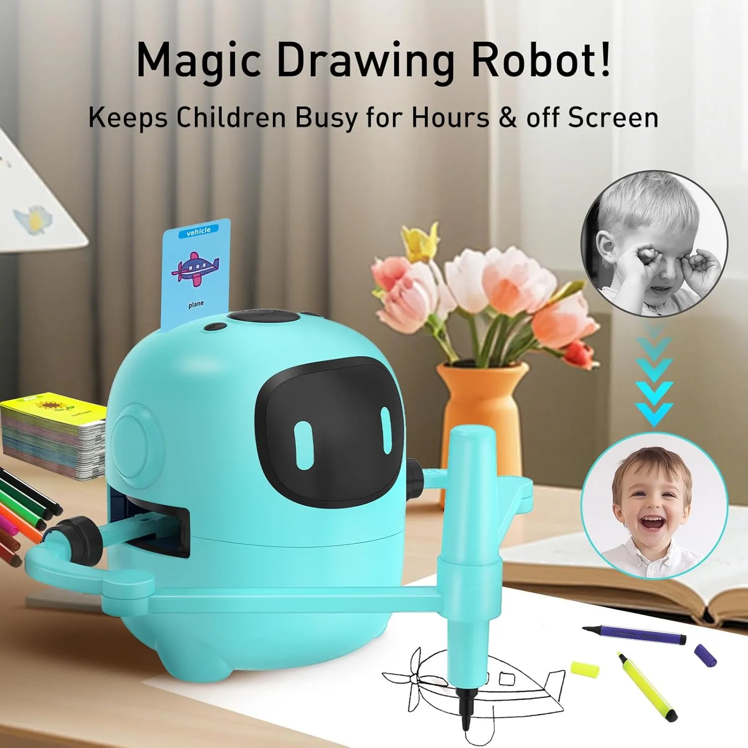 Upgraded Drawing Robot for Kids,Magic Drawing Robot with Cards,Interactive Montessori & Screen-Free Smart Robot Drawing Machine,Creative STEM Toy for 3-10 Aged Chidren Gift（Blue-Black）