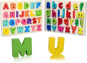 Uppercase and Lowercase Letters， Wooden Puzzles for Toddlers, Wooden ABC Alphabet Puzzles Toddler Learning Puzzle Toys for Kids 1-5, 2 in 1 Early Education Letter for Boys Grils 1-5 Years Old