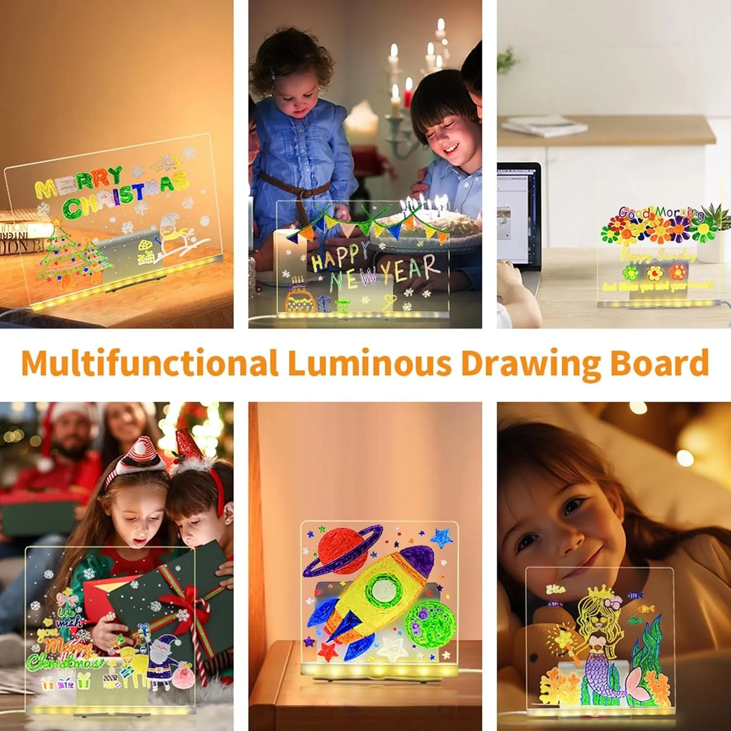 USB-Powered Acrylic Message Board Light Eraseable Glow Doodle Board for Children’s Art & Nighttime Decor Portable Desktop Accessory(30X20CM)