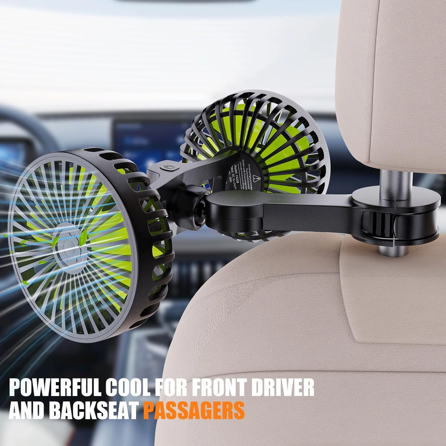 USB Car Cooling Fans for Backseat: Dual Head Car Fan for Kids 3 Speeds 360° Rotatable Vehicle Rear Headrest Fans 5V Powerful Electric Air Circulation Fan for Sedan SUV RV Truck (Black Green)