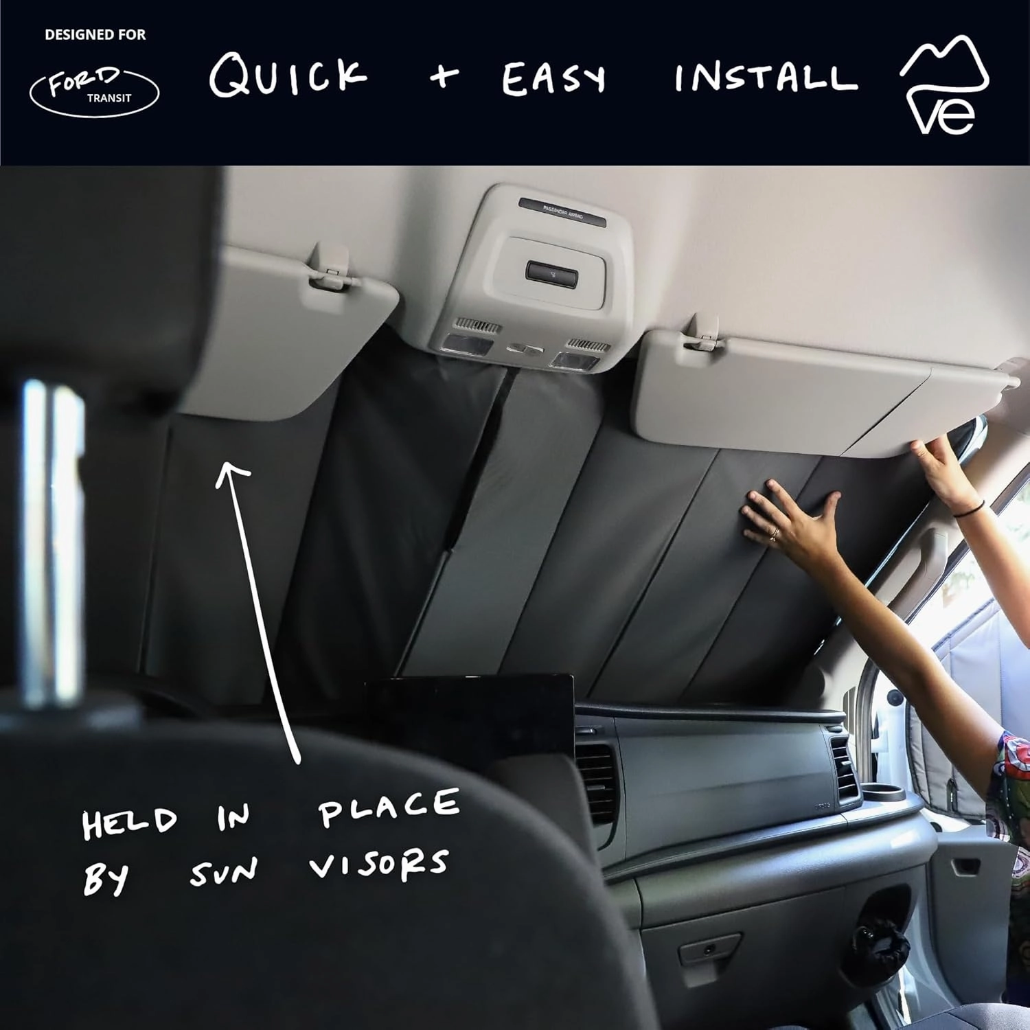 VanEssential Stealth Insulated Blackout Front Windshield Window Cover Designed for Ford Transit Van Medium and High Roof Year 2015 to Current - Charcoal Gray