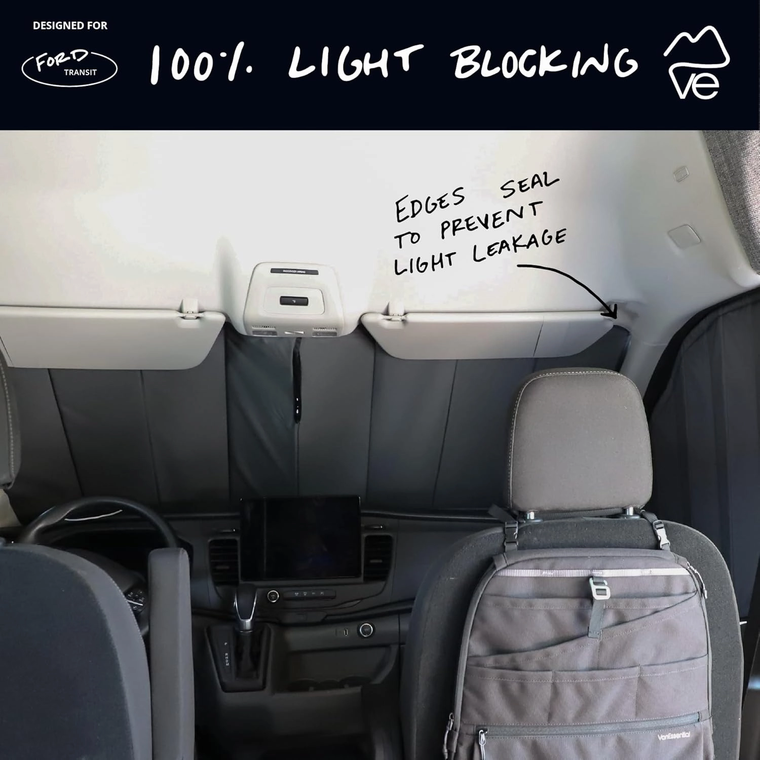 VanEssential Stealth Insulated Blackout Front Windshield Window Cover Designed for Ford Transit Van Medium and High Roof Year 2015 to Current - Charcoal Gray
