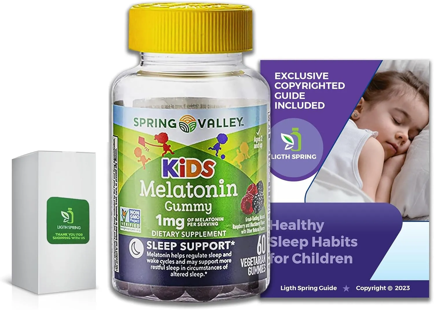 Vegetarian Melatonin Gummies for Kids, Sleep Support, 60 Ct Bundle with Exclusive Healthy Sleep Habits for Children - Better Light&Spring Guide (2 Items)