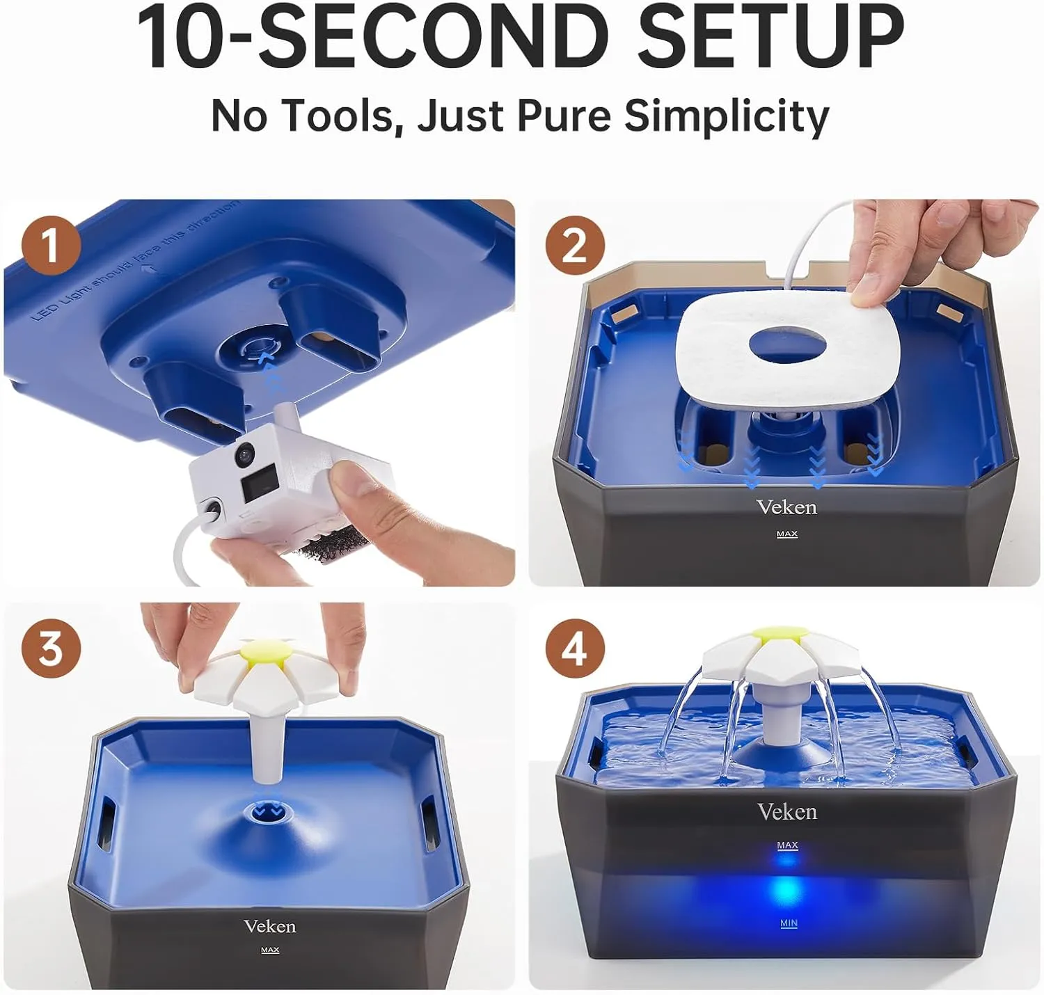 Veken Small Pet-Friendly Cat Water Fountain with Quiet Pump, Easy to Clean & Assemble, 50oz Mini Pet Water Dispenser for Cats, Dogs and Small Animals, Blue