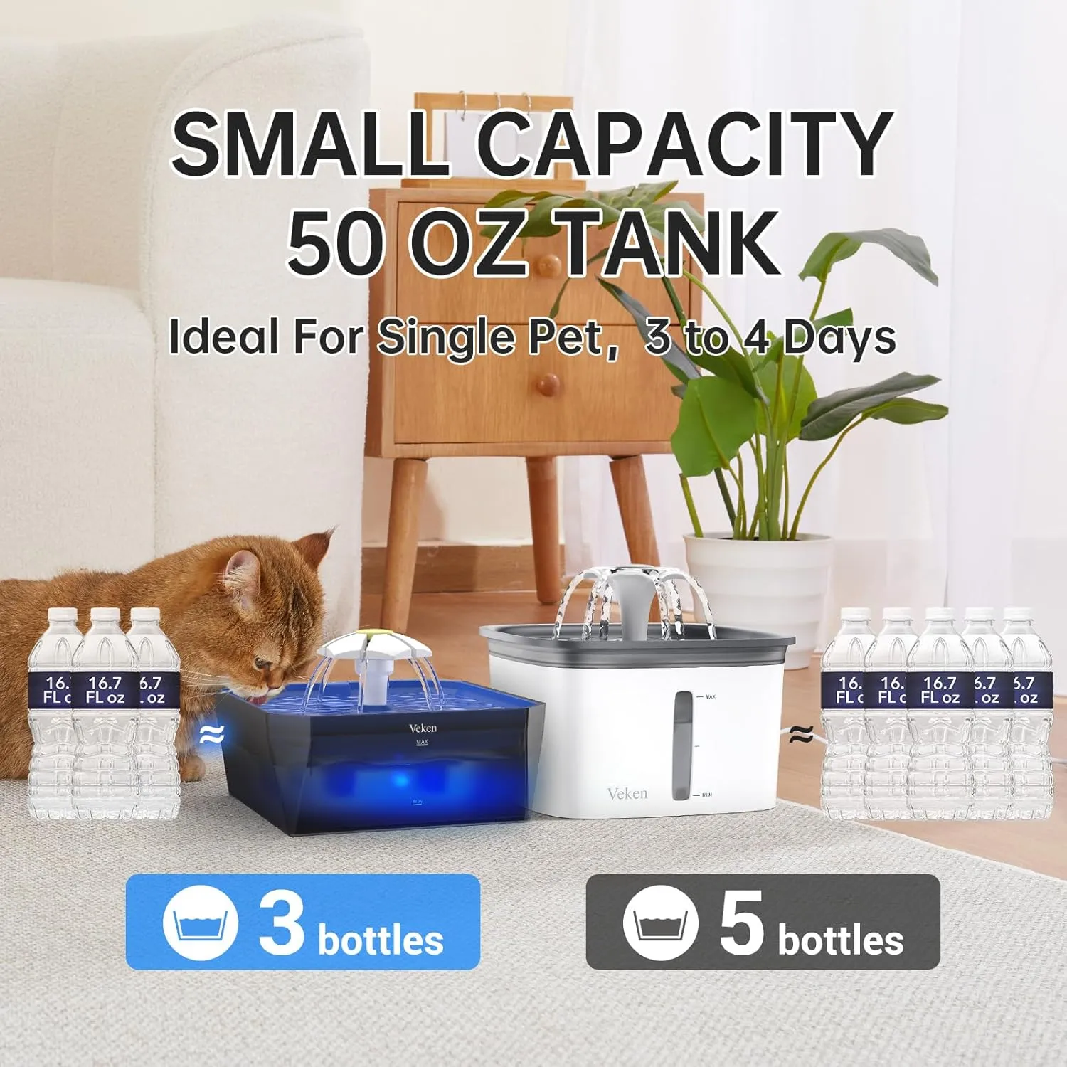Veken Small Pet-Friendly Cat Water Fountain with Quiet Pump, Easy to Clean & Assemble, 50oz Mini Pet Water Dispenser for Cats, Dogs and Small Animals, Blue