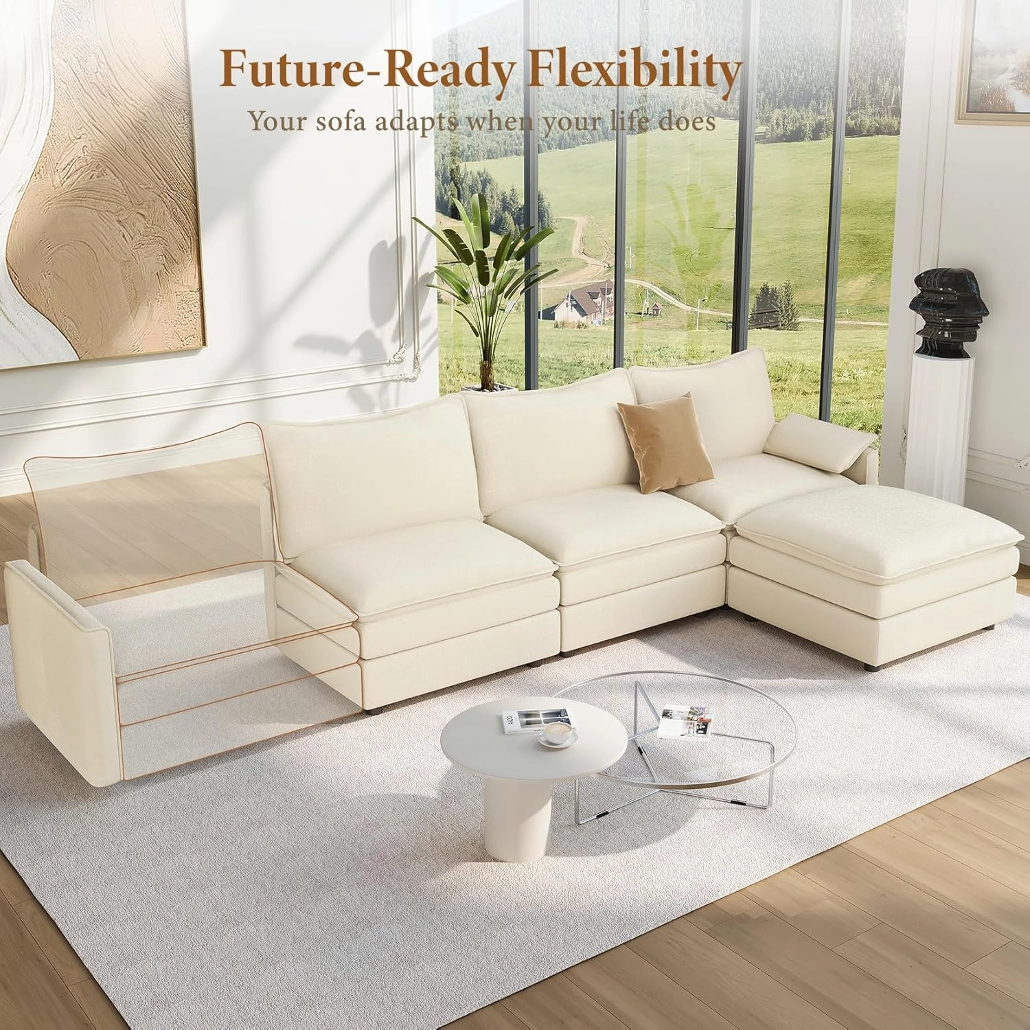 Vesgantti 108" Modular Sectional Sofa, Comfy Cloud Couch with Movable Ottoman Deep Seat Chenille L Shaped Modular Sofa, Sectional Couches for Living Room, Bedroom and Apartment, Beige