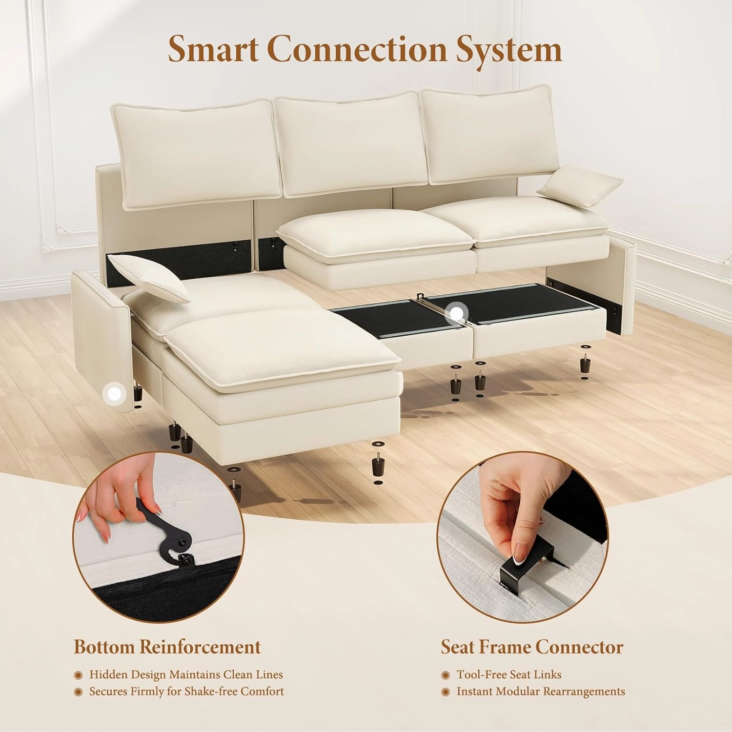 Vesgantti 108" Modular Sectional Sofa, Comfy Cloud Couch with Movable Ottoman Deep Seat Chenille L Shaped Modular Sofa, Sectional Couches for Living Room, Bedroom and Apartment, Beige
