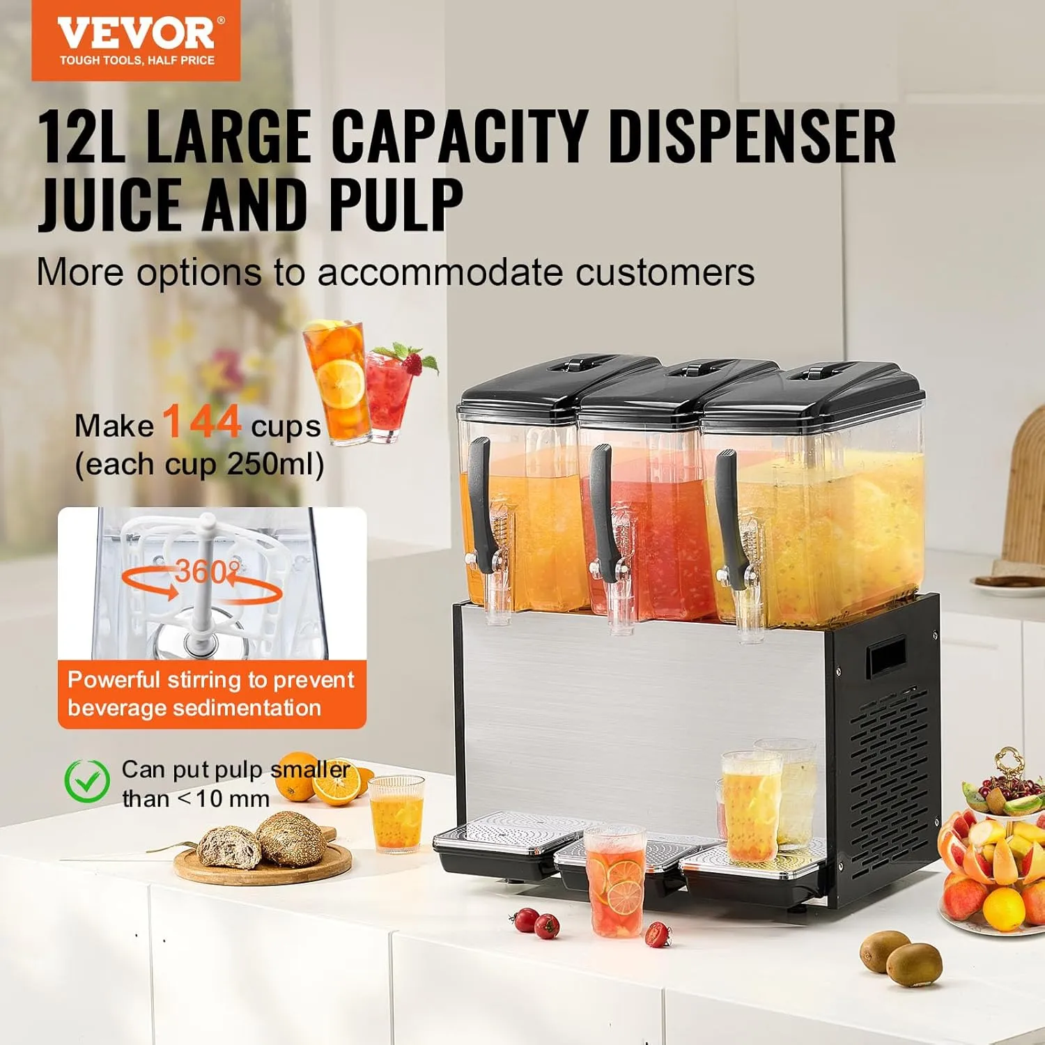 VEVOR Commercial Beverage Dispenser, 3 Tanks 12 L / 12.7 QT Per Tank Juice Dispenser, 370W Stainless Steel Ice Tea Drink Machine with 45°F-54°F Cooling Temperature, for Cold Drink Restaurant Bar Party