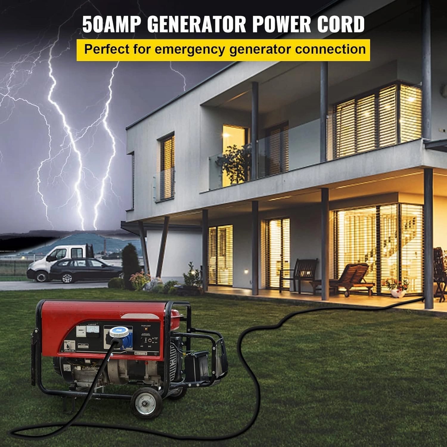 VEVOR 50 FT 50 Amp RV Extension Cord NEMA N14-50P to N14-50R, 125 / 250V Heavy Duty STW 6/3  8/1 RV Power Cord, for EV Charging and RV Trailer Campers